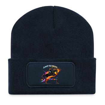 Sauter au néon – Sports équestres et saut d’obstacles - Beanie recyclé à patch - bleu marine - Devant
