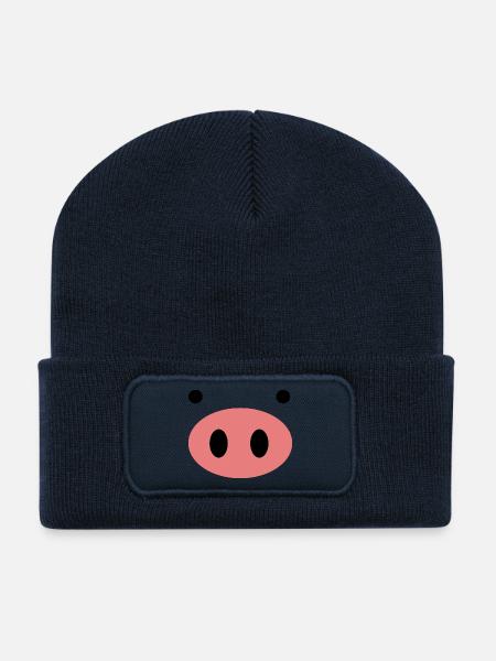 Minimalist Pink Schwein Gesicht - Recycelte Patch Beanie - French Navy