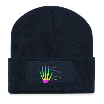 Hand Knochen Anatomie Mensch Evolution Physio - Recycelte Patch Beanie - French Navy - Vorne
