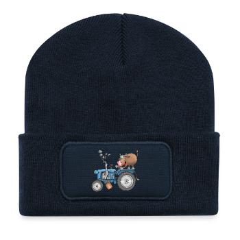 Ulkiger Stier auf Traktor - Recycelte Patch Beanie - French Navy - Vorne