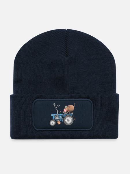 Taureau drôle sur tracteur - Beanie recyclé à patch - bleu marine