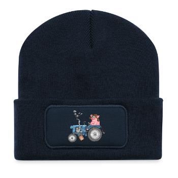 Ulkiges Schwein auf Traktor - Recycelte Patch Beanie - French Navy - Vorne