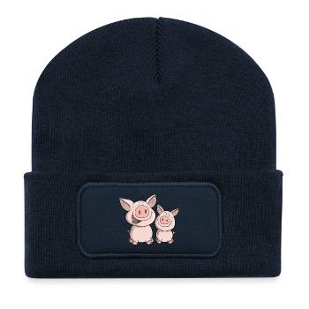 Deux petits cochons dans le bonheur I Cartoon Pigs - Beanie recyclé à patch - bleu marine - Devant