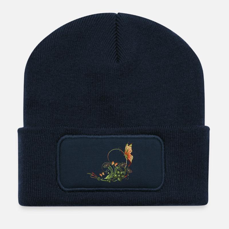 Schmetterlinge mit floralen Elementen - Beanie recyclé à patch - bleu marine