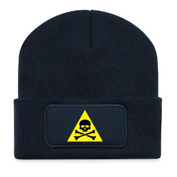panneau danger tete de mort crane os - Beanie recyclé à patch - bleu marine - Devant