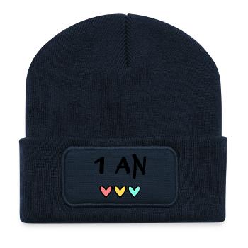 1. 1 AN. 1er ANNIVERSAIRE. ANNIVERSAIRE 1 AN - Beanie recyclé à patch - bleu marine - Devant