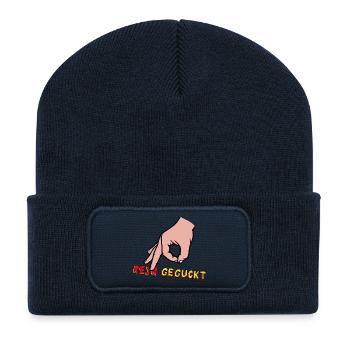 Comic Hand Index Finger with Retro Text - Recycled Patch Beanie - french navy - Front
