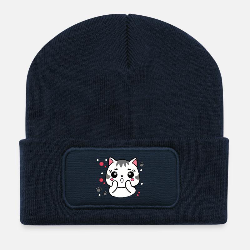 Chat mignon surpris - Beanie recyclé à patch - bleu marine