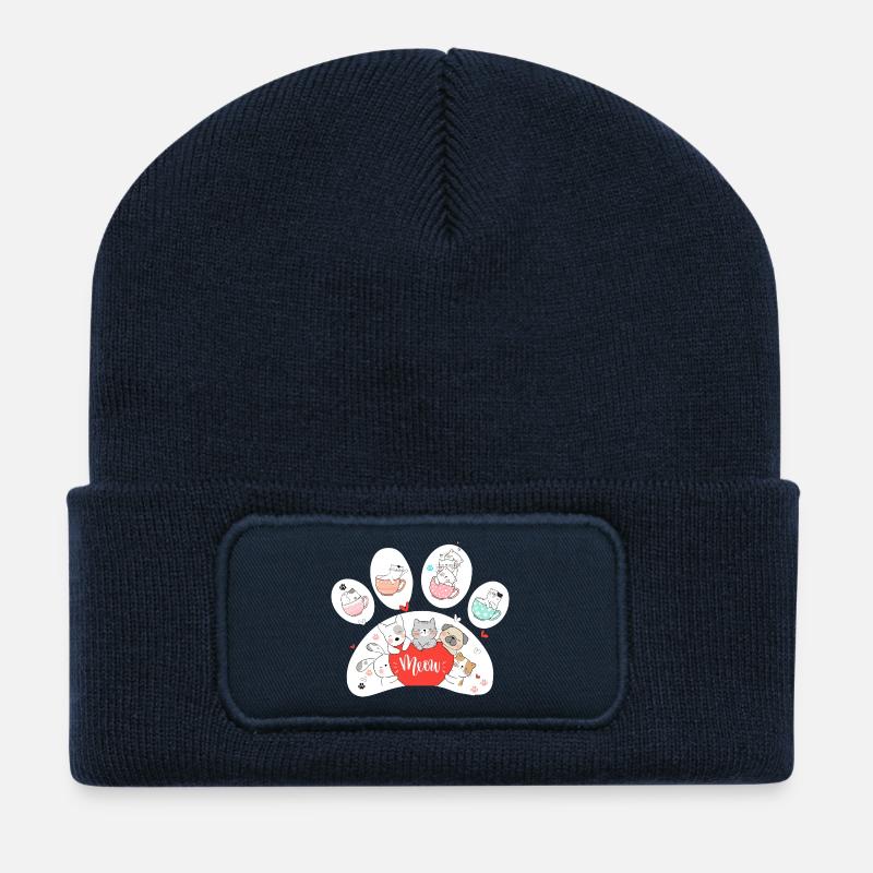 Niedliche Katzen- und Hundemotive auf Tassen - Recycelte Patch Beanie - French Navy