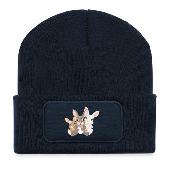 Famille de lapins mignons - Trois lapins avec des fleurs - Beanie recyclé à patch - bleu marine - Devant