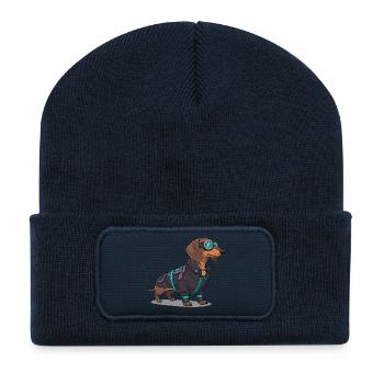 Chien cyberpunk en combinaison technique - Beanie recyclé à patch - bleu marine - Devant