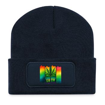 Grow Hanfblatt Brushdesign im Reggae-Stil - Recycelte Patch Beanie - French Navy - Vorne