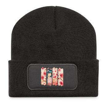 Kirschblüten Kimono Panel Portrait - Recycelte Patch Beanie - Dunkelgrau - Vorne