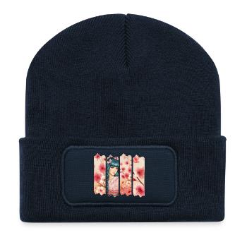 Kirschblüten Kimono Panel Portrait - Recycelte Patch Beanie - French Navy - Vorne