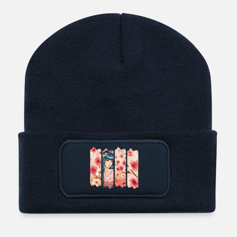 Kirschblüten Kimono Panel Portrait - Recycelte Patch Beanie - French Navy