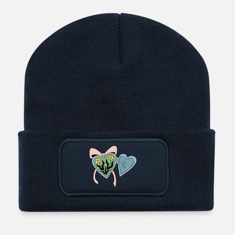 Médaillon fleur avec ruban coeur - Beanie recyclé à patch - bleu marine