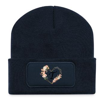 Buchstabe t florales goldenes Herz - Recycelte Patch Beanie - French Navy - Vorne