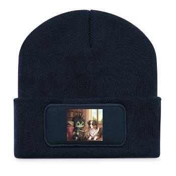 Anime mit Hund im Bücherzimmer - Recycelte Patch Beanie - French Navy - Vorne