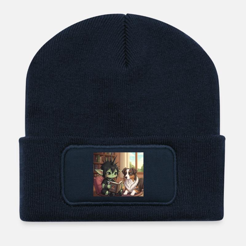 Anime mit Hund im Bücherzimmer - Recycelte Patch Beanie - French Navy