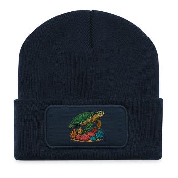 Green Sea Turtle Diver Design - Recycled Patch Beanie - french navy - Front