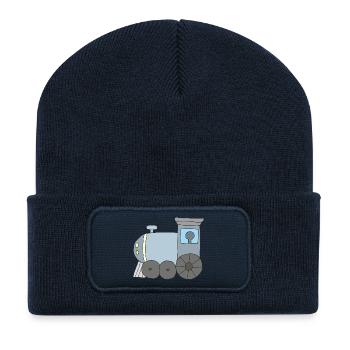 Conception de locomotive à vapeur enfantine aux couleurs pastel - Beanie recyclé à patch - bleu marine - Devant