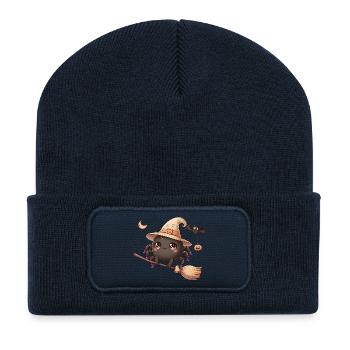 Araignée sorcière kawaii sur balai – Chemise d’Halloween - Beanie recyclé à patch - bleu marine - Devant