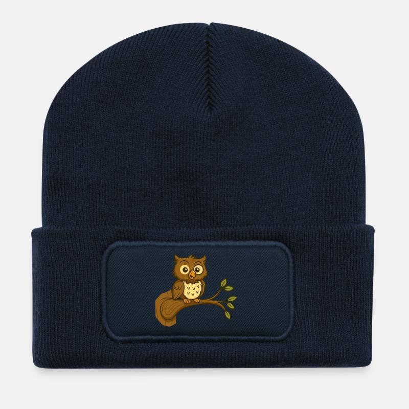Mignon hibou de la forêt sur branche - Beanie recyclé à patch - bleu marine
