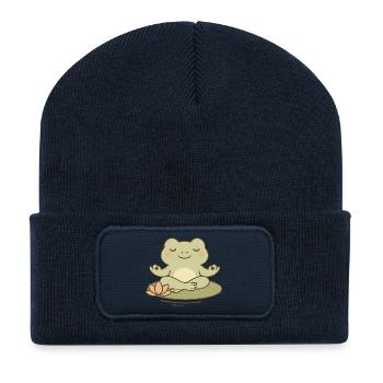 Meditating frog on water lily - Recycled Patch Beanie - french navy - Front