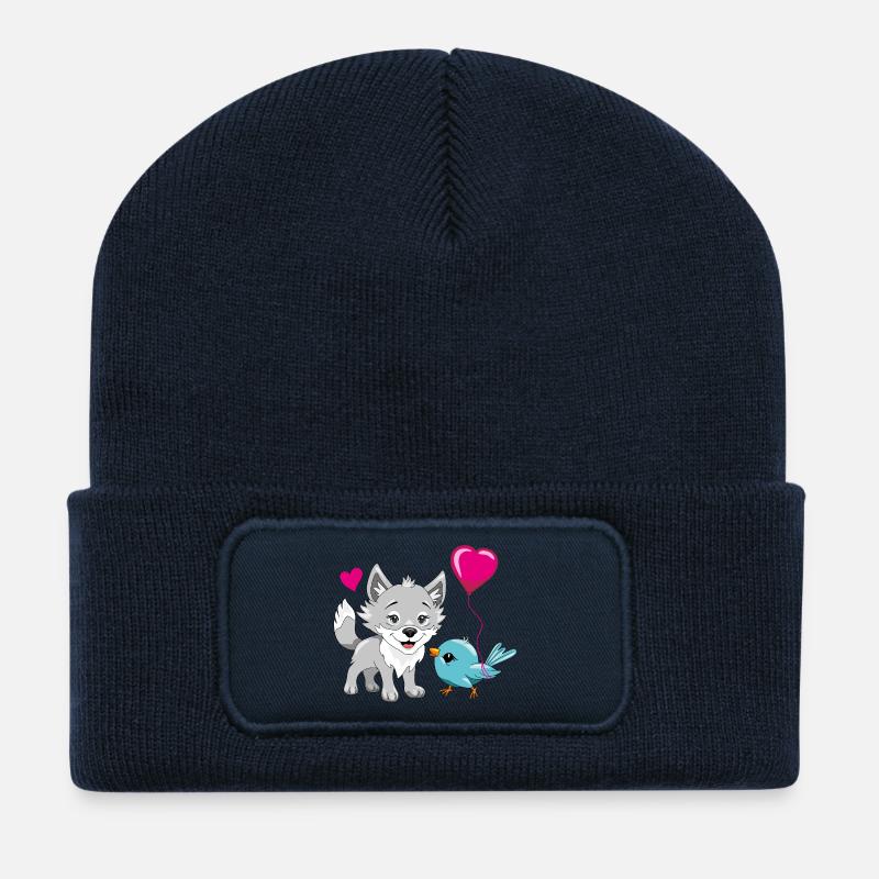 Bébé loup heureux et oiseau mignon avec un ballon - Beanie recyclé à patch - bleu marine