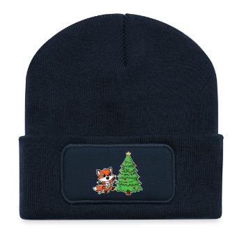 Fuchs mit Lichterkette und Tannenbaum - Recycelte Patch Beanie - French Navy - Vorne