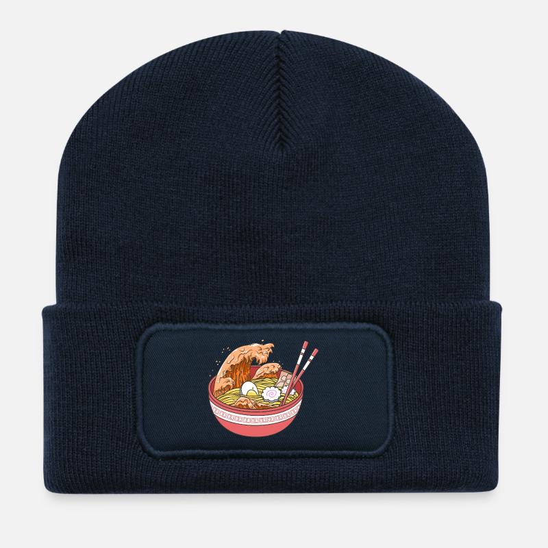 Japanisches Ozeanwellen-Ramen-Nudelsuppen-Kunstgeschenk - Recycelte Patch Beanie - French Navy