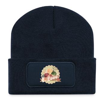 Patch de boules vintage en laine avec aiguilles à tricoter et cœur - Beanie recyclé à patch - bleu marine - Devant