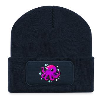 Niedlicher lächelnder lila Oktopus - Recycelte Patch Beanie - French Navy - Vorne