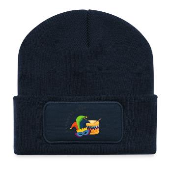 Karneval 2026 – Maske & Trommel buntes Design - Recycelte Patch Beanie - French Navy - Vorne