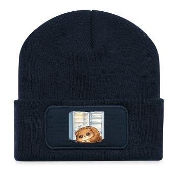 Kleine Katze vor offenem Kühlschrank - Recycelte Patch Beanie - French Navy - Vorne