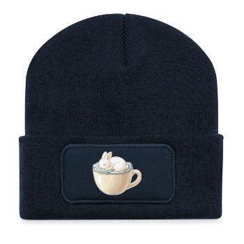 Un lapin endormi dans une tasse - Beanie recyclé à patch - bleu marine - Devant