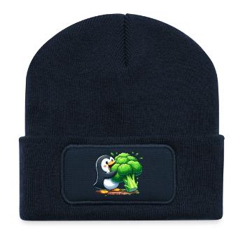 Süßer Pinguin mit Brokkoli Gemüse Vegan Cartoon - Recycelte Patch Beanie - French Navy - Vorne