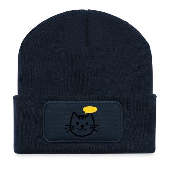 Katzenkopf mit gelber Sprechblase - Recycelte Patch Beanie - French Navy - Vorne
