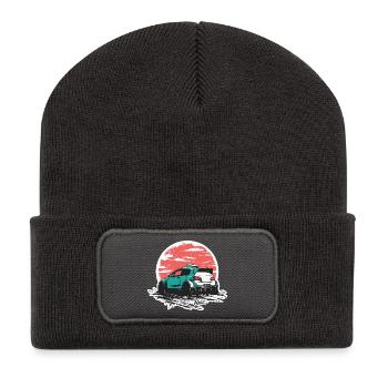 Teal Rally Car Sonnenuntergangs-Sketch - Recycelte Patch Beanie - Dunkelgrau - Vorne