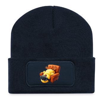 Küken mit VR Brille im Sessel - Recycelte Patch Beanie - French Navy - Vorne