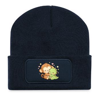 Cute Monkey & Baby Dino Cuddle - Recycled Patch Beanie - french navy - Front