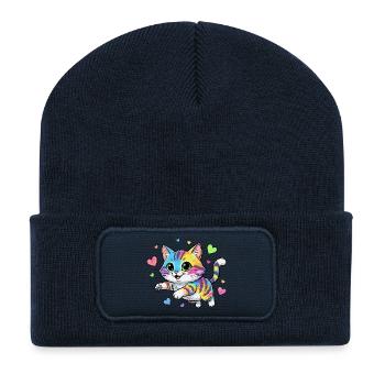 Regenbogenkatze mit Herzen - Recycelte Patch Beanie - French Navy - Vorne