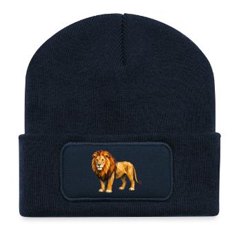 Low Poly Löwe Gelb Orange - Recycelte Patch Beanie - French Navy - Vorne