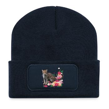 Floraler Leopard mit Blüten - Recycelte Patch Beanie - French Navy - Vorne