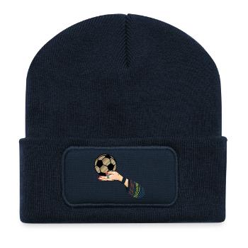 Main avec ballon de football - Beanie recyclé à patch - bleu marine - Devant