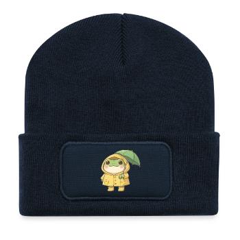 Frosch mit Regenschirm - Recycelte Patch Beanie - French Navy - Vorne