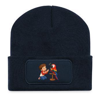 Bunter Papagei klatscht mit staunendem Jungen - Recycelte Patch Beanie - French Navy - Vorne