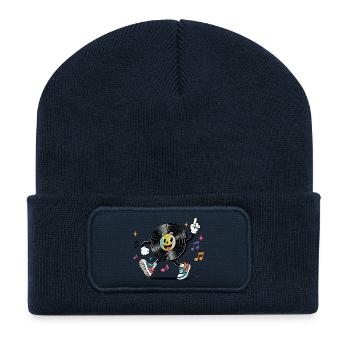 Lustige Schallplatte mit Musiknoten Retro - Recycelte Patch Beanie - French Navy - Vorne
