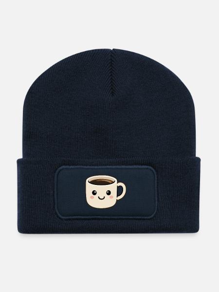 Dessin animé mignon souriant Kawaii Coffee Cup - Beanie recyclé à patch - bleu marine