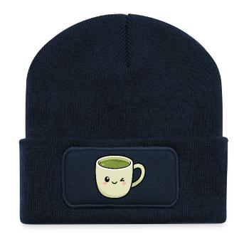 Kawaii Winking Matcha Green Tea Cup - Recycled Patch Beanie - french navy - Front